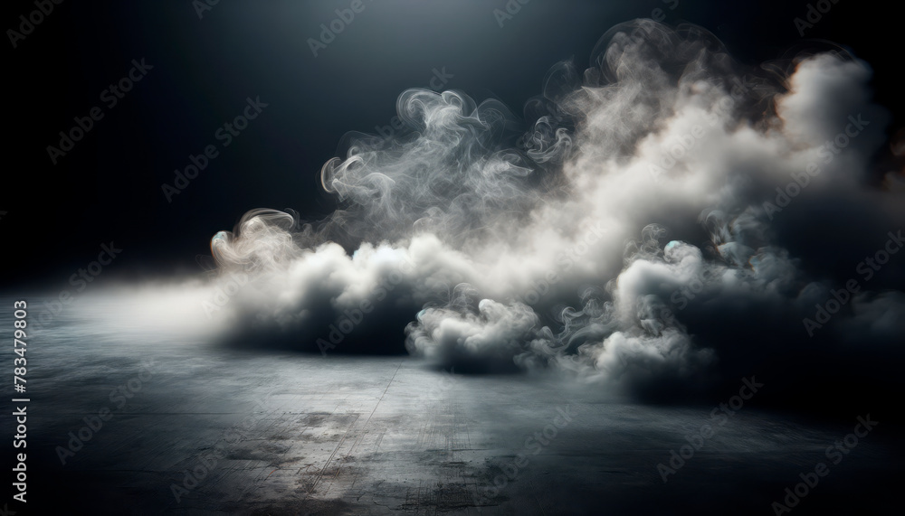 Poster dense smoke rising on a concrete stage, ideal for atmospheric and mysterious themes. generative ai
