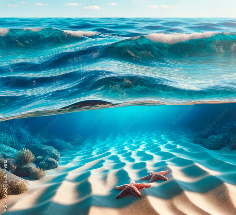 Poster waves cresting above a tranquil underwater seascape with starfish on sandy bottom. ocean serenity co