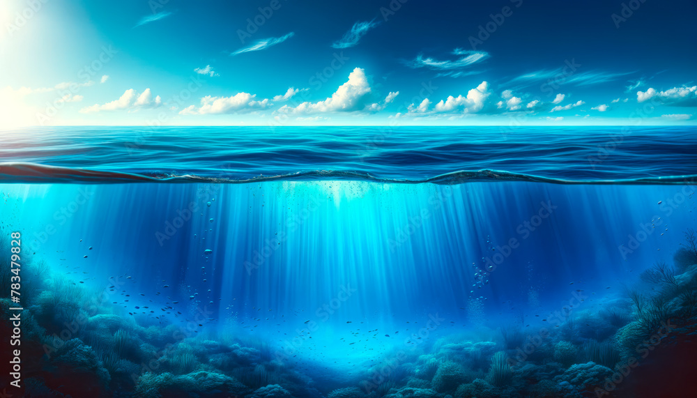 Poster Split view of tranquil ocean and vibrant underwater ecosystem. Digital art. Generative AI