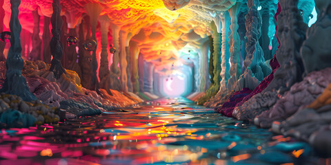 Vibrant Tunnel with Flowing Water and Rocky Formations