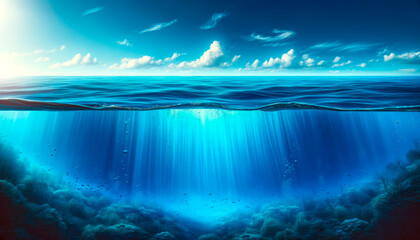 Fototapeta premium Split view of tranquil ocean and vibrant underwater ecosystem. Digital art. Generative AI