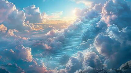 Heavenly steps rising, fluffy white clouds, serene escape - obrazy, fototapety, plakaty