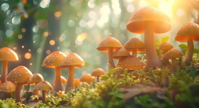 Wild mushrooms on a soft-focus forest underbrush,