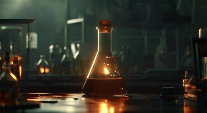 A dark, moody setting with a shining beaker, representing achievements in experimental science