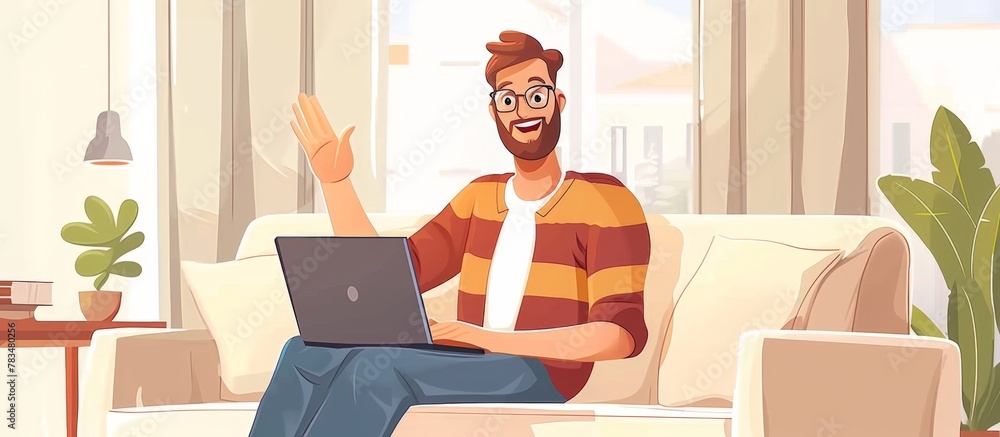 Poster man seated on a sofa with a computer in front of him, waving his hand