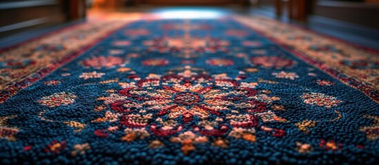 Close-up view of a vibrant blue carpet featuring a striking red border design - obrazy, fototapety, plakaty