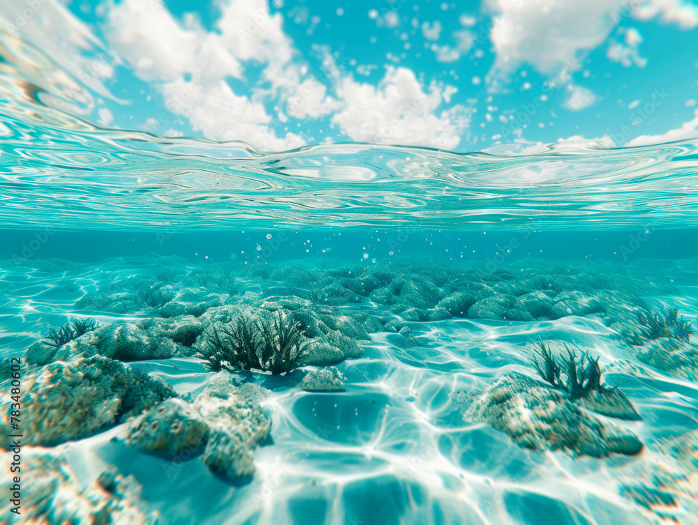Poster underwater view of coral reef and sunlight patterns on the sea floor. marine environment concept. ge