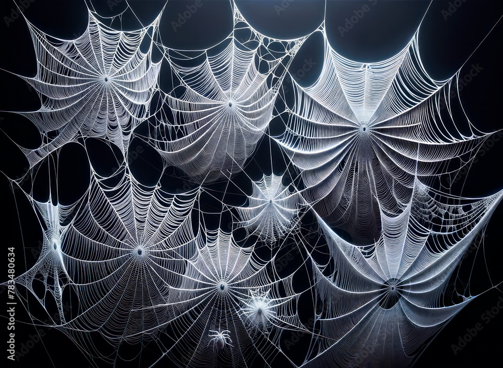 Aufkleber An intricate network of spider webs detailed against a dark background, showcasing a concept of complexity and creativity. Generative AI