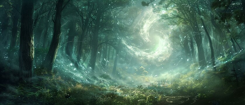 Ethereal meditation, forest setting, swirling energy