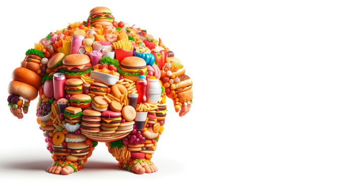 A figure composed of various fast food items, symbolizing obesity, on a white background with a creative concept. Generative AI