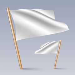 Vector illustration of two 3D-looking white color flag icons with wooden sticks, isolated on grey background. Created using gradient meshes, EPS 10 vector