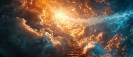 Divine journey upwards, staircase to the clouds, spiritual quest - obrazy, fototapety, plakaty