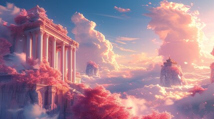 Dreamy 3D Temple in Fantasy Rococo Style Against Spring Sky - obrazy, fototapety, plakaty