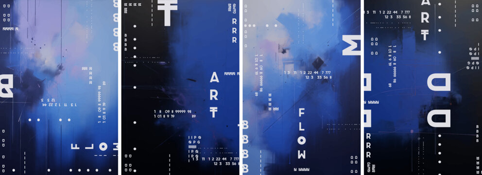 The four covers feature an abstract design in shades of dark blue and pink. The illustrations, styled as abstract modern acrylic paintings, are suitable for an art poster, flyer, or background.