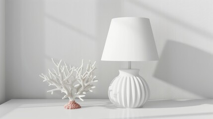 Blank mockup of a coastalthemed table lamp featuring a coralshaped base and white linen lampshade. .