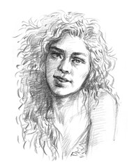 portrait of a long hair woman pencil drawing for card illustration decoration