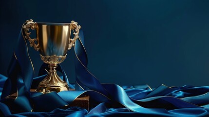 The cup with a shiny golden surface decorated with blue ribbons symbolizes victory and excellence. Generative AI