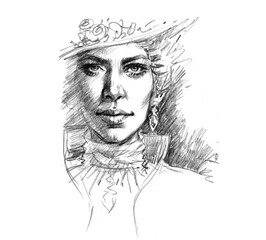 portrait of a person with a hat pencil drawing for card decoration illustration
