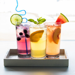 Cool and refreshing fruit flavoured spritzers, ready for drinking.