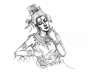 Asia girl with a dress pencil drawing for card illustration decoration