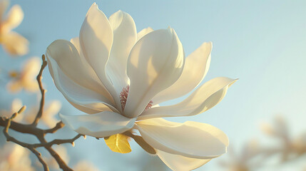 A magnolia flower in full bloom, with its large, white petals open wide, offering a scent of sweet,...