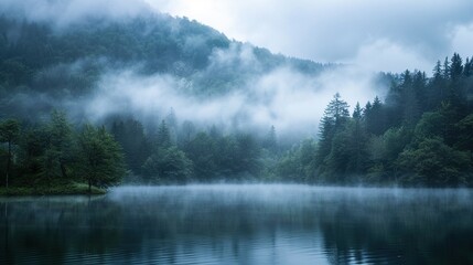 Fototapeta premium Fog blankets a tranquil lake nestled among trees on a mountain, creating a serene and mystical scene. Generative AI
