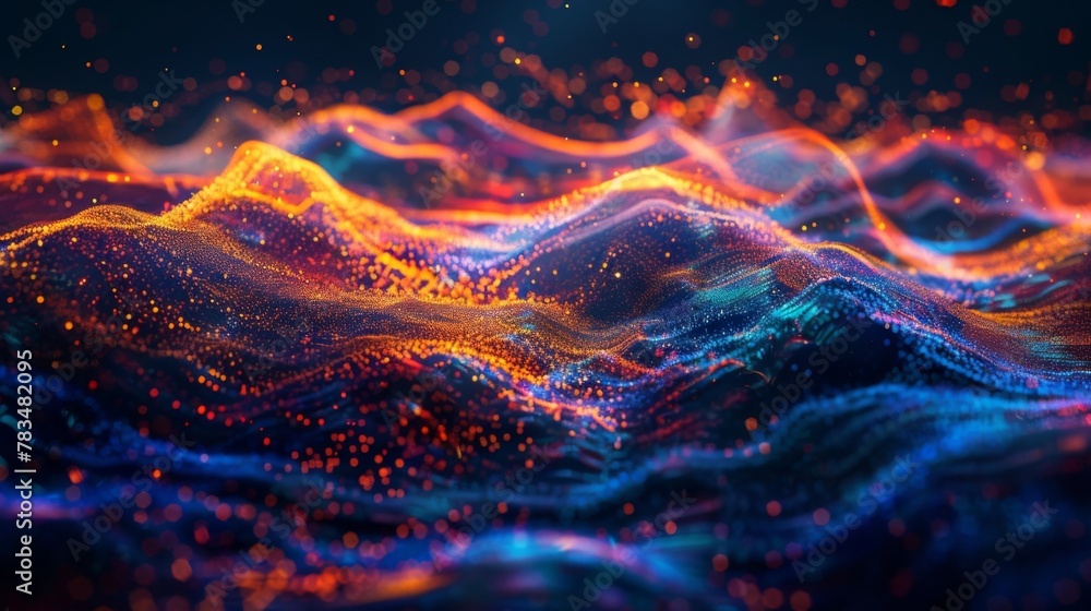 Poster waves of electric colors ripple and swirl in the darkness creating a breathtaking and everchanging d