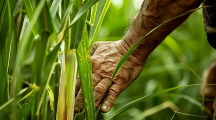 A closeup of a farmers hands inspecting a crop of sugarcane captures the hard work and dedication required for successful biofuel agriculture. The contrast of the farmers hands against .