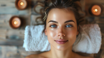 Beautiful woman applying moisturizer cream on her face. Photo of smiling woman with perfect makeup...