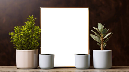 image of Mockup of a vertical frame with green plants in pots on a dark blue background Generative AI