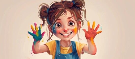 Fototapeta premium Young animated female character wearing a bright yellow top showcasing painted hands