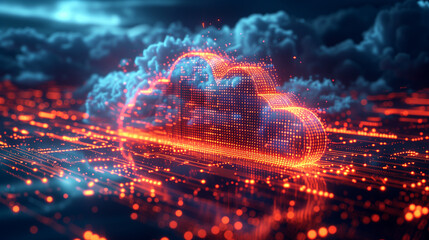 Cloud computing technology concept with digital pathways and data streams. Abstract digital background.