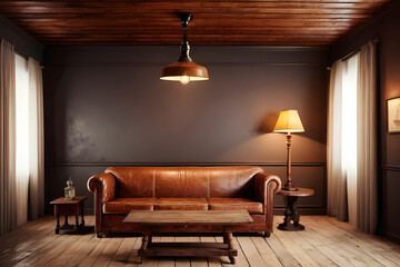 Old vintage interior with leather sofa, wooden table and ceiling lamp. Living room interior