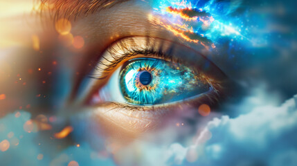Human eye amidst sky and clouds, reflecting the healing of eye movement desensitization reprocessing therapy.