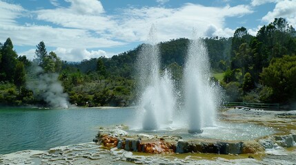 Geysers shoot hot water and steam into the air with great force. The geyser park, aesthetic landscape. Generative AI
