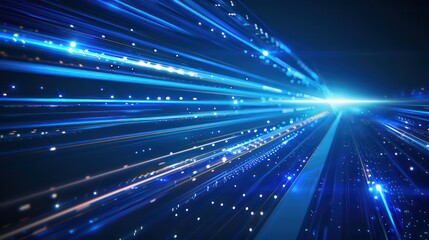 Abstract blue speed lines background with a blur effect. Digital technology concept. Motion blurred light streaks on a dark background.