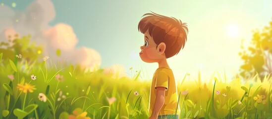 Boy standing in meadow of flowers gazes at the sky above, surrounded by colorful blooms