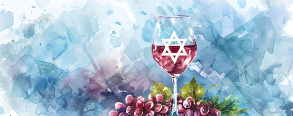 Red grape, star of David and wine glass on blue background. Judaism concept. Shabbat Shalom. Happy Shavuot, Passover, Hanukkah. Watercolor illustration for greeting card, banner, poster. Copy space - obrazy, fototapety, plakaty