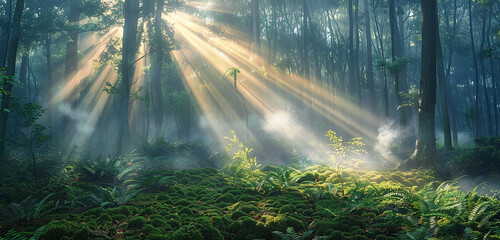 A misty forest at sunrise, with rays of light piercing through the dense canopy, illuminating the...