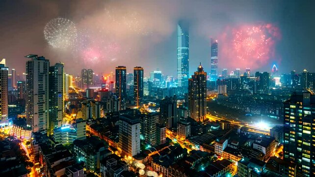 City building with firework view scene, 4k animated virtual repeating seamless	
