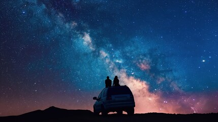 Starry Romance Couple Sitting on SUV Car Against the Milky Way and Star Field