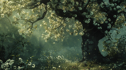 Under the gnarled apple tree's shade, a tired traveler finds solace, surrounded by the scent of blossoms