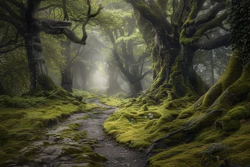 Fotobehang A mossy, ancient forest path, enveloped in a light fog, leading into the unknown, with ancient trees standing as guardians to secrets untold. 32k, full ultra hd, high resolution © Annu's Images