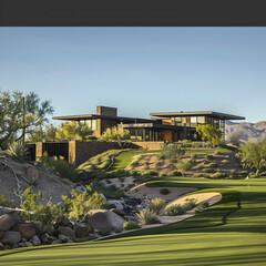 a modern style single level home as seen from a golf course fairway with a desert drainage wash between the golf course and the home Ai generative 