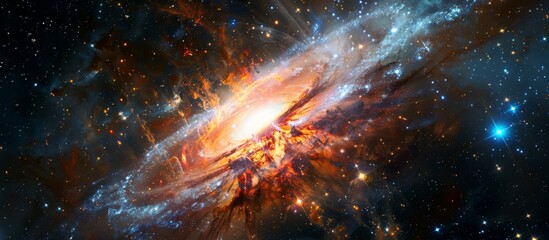 In the vast expanse of space, a stunning galaxy is seen with a brilliant orange star shining prominently at its center