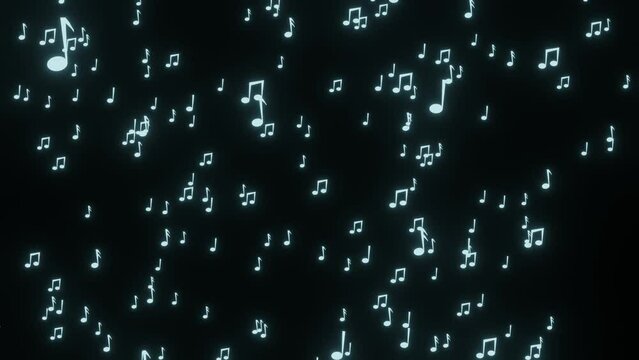 Illustration of musical notes scattered on black background. Chord Animation Particles. Animation of black background musical notes