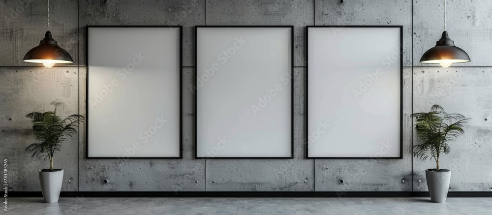 Poster two identical empty frames are hanging side by side on a plain concrete wall next to a small green p