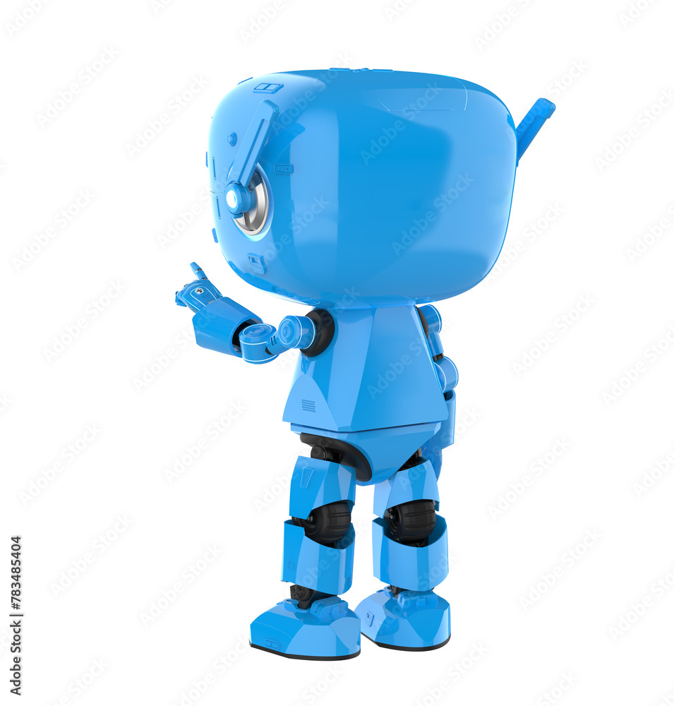 Poster cute and small artificial intelligence personal assistant robot finger point isolated