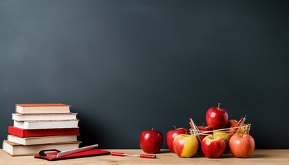 A blue wall with a desk and the apples on it. The apples are red and the desk has a pencil and a book