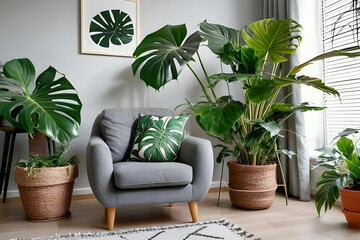 Grey armchair, indoor plants, monstera, palm trees. Urban jungle apartment. Biophilia design. Cozy tropical home garden. Home gardening. Gardening, hobby concept Eco friendly decor of living room - Powered by Adobe